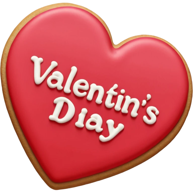 Heart-shaped cookie with smooth red icing emoji, write 'Valentine's day' on top of the red icing in white icing emoji