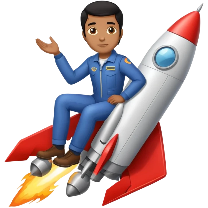 brown guy black hair sitting on rocket emoji