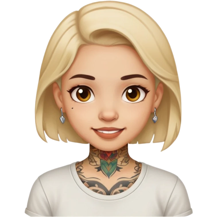 girl with small face tattoos, cheerful expression, wearing a shirt emoji