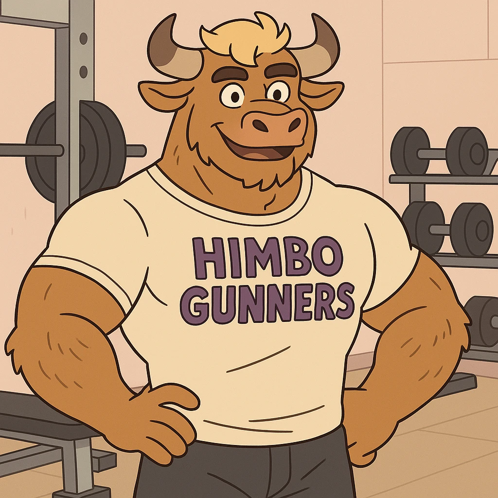 muscular furry character wearing a t-shirt that says 'Himbo Gunners' in a gym setting emoji