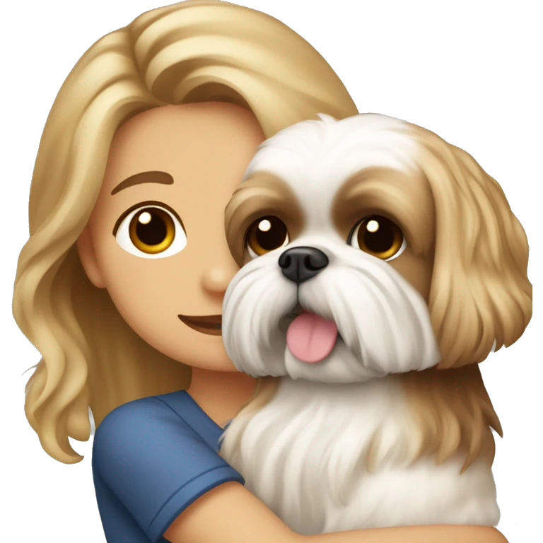 a girl with long, wavy brown hair hugging a Shih Tzu with blonde fur and a cute bow emoji
