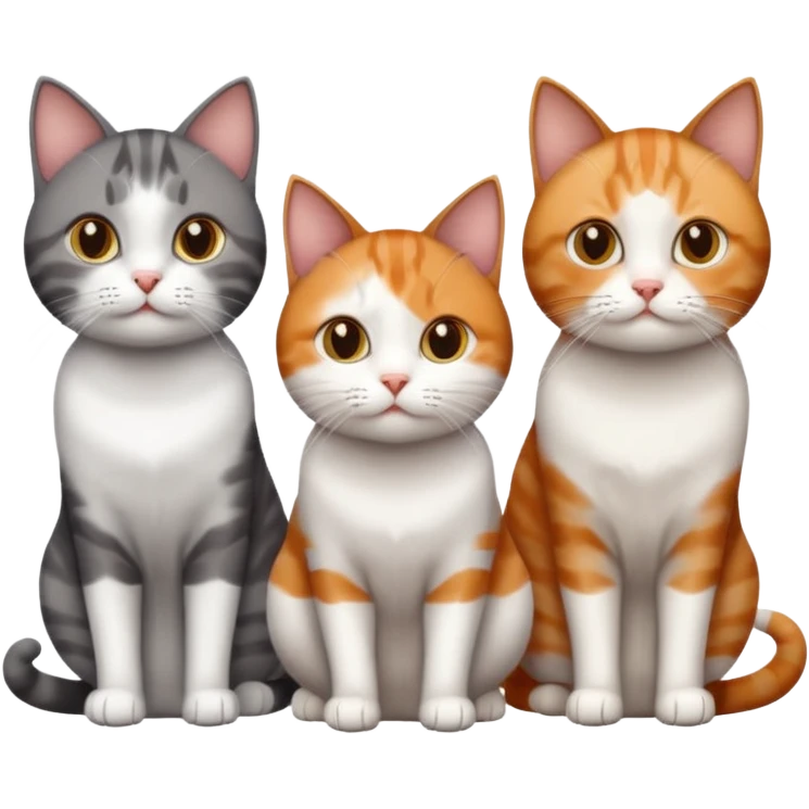 3 different coloured short haired cats including; a dark brown tabby and white cat, and a dark grey and white and a ginger and white emoji