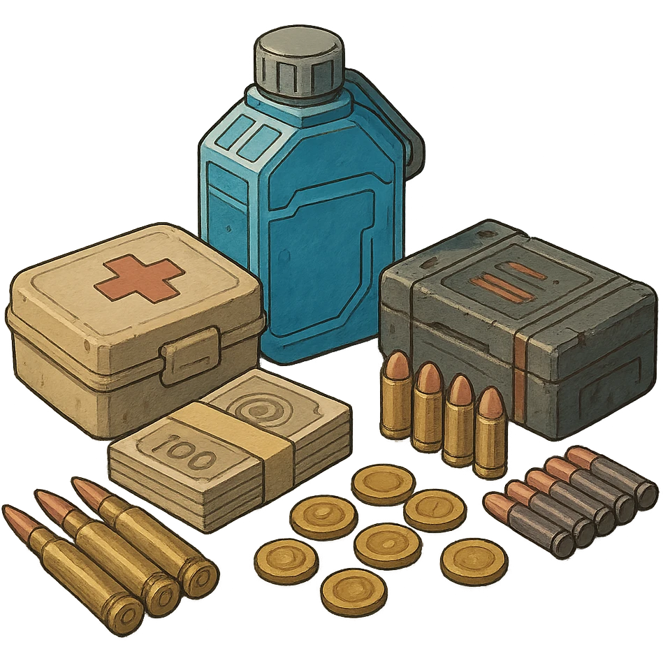 the image is the icon for a videogame  item. futuristic cyberpunk -ready to equip- it is master craftsmanship [ unequipped item ]
It is a pile of miscilaneous loot, some ammunition, credits, koans, first-aid, and a hydrator emoji