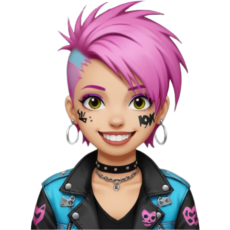 a punk girl with dyed hair and wear a punk graffiti jacket with black choker grin playfully  emoji