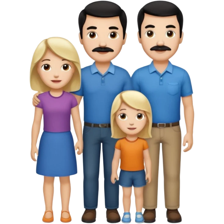 Mom with brown hair. Dad with black hair and mustache. 2 sons with blonde hair. 1 daughter with blonde hair. emoji