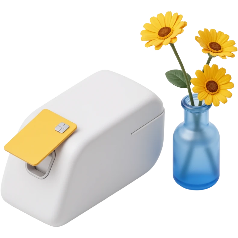a skeuomorphism style icon featuring a white modern payment terminal with a card inserted, next to a blue vase with yellow flowers, soft lighting, similar composition to the reference emoji