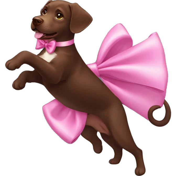 female chocolate lab wearing a pink bow and dancing emoji