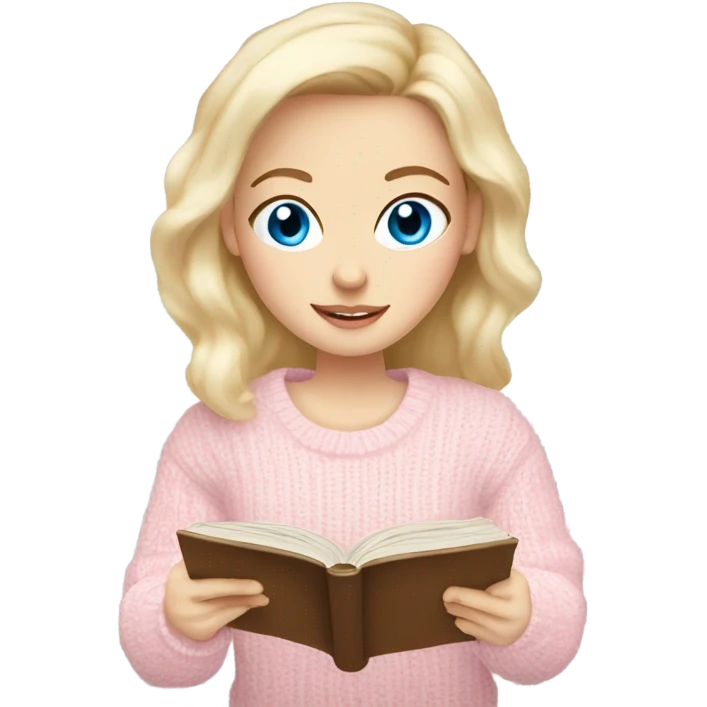 Pretty blue eyed white girl with light pink sweater reading cozy emoji