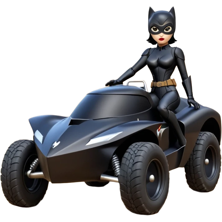 Rc toy with aerodynamic sexy fenders on Catwoman’s buxom attractive armored midnight-colored tight outfit from tv series style dark knight movie stealthy accurate sporty safe deluxe off-road fast pursuit prototype concept car (black hair, sitting back but driving aggressively) secret rally car emoji
