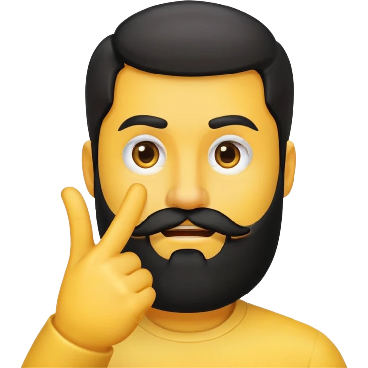 rounded yellow emoji face, black beard, side-facing mouth, one eyebrow raised, hand making a 'no' gesture emoji