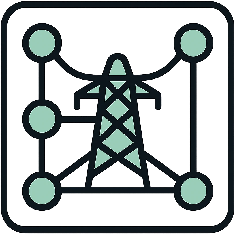 Skeuomorphic smart grid icon with mint green #B5F4D3 and black #111111 color scheme, showing interconnected nodes and power lines in a network pattern, clean symmetric design with subtle depth and soft light emoji