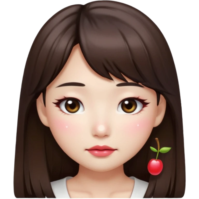 “japanese style Emoji brunette girl long hair with side bangs white top, dewy skin, heavy blush across cheeks and nose bridge, glossy cherry lips, soft eyeliner, teary sparkling eyes emoji