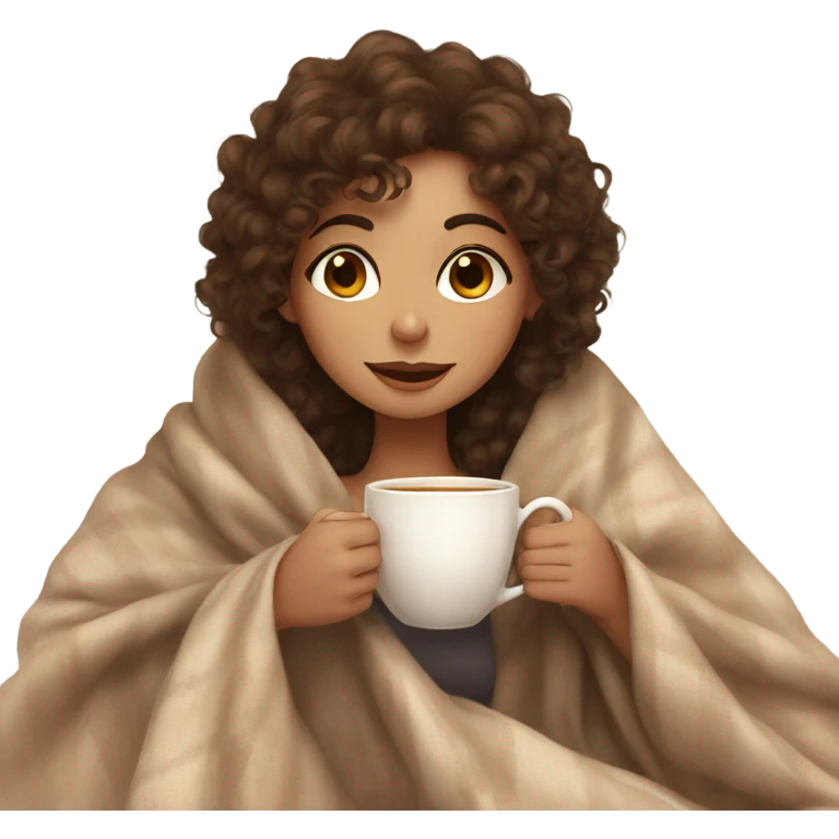 Brown hair Girl with curly hair drinking tea, with a cozy nude blanket emoji