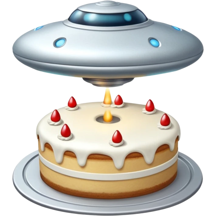 small piece of cake in a green light being stolen by flying above it giant ufo  emoji
