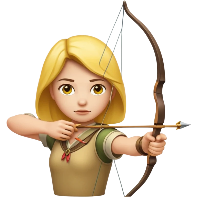 yellow circle emoji face, straight-faced and concentrated, as an archer drawing a bow, classic apple emoji style emoji