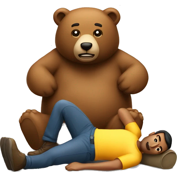 A man lying flat on the ground with a bear sitting on top of him emoji