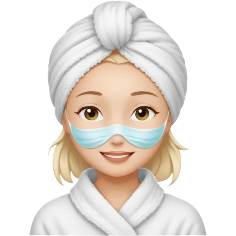 cute girl with her eyes closed and smiling, wearing a white spa towel as her clothes in she has a white spa towel on her head, white face skincare mask whole face emoji