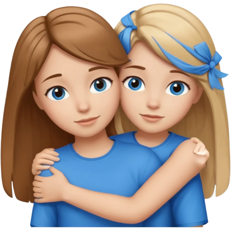 two Girls, Brown and Blonde hair, with Blue Eyes hugging one has Brown hair emoji