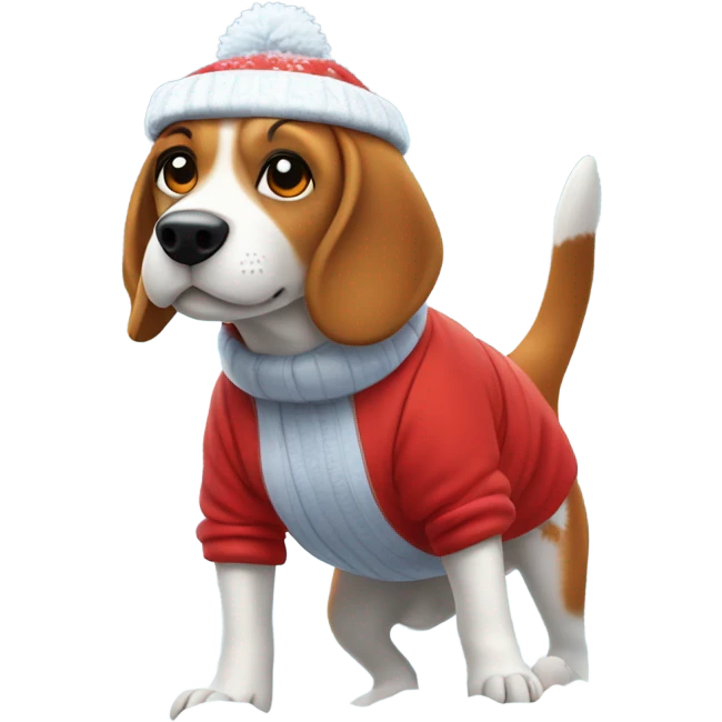 Beagle with red winter clothes and snowball fight emoji