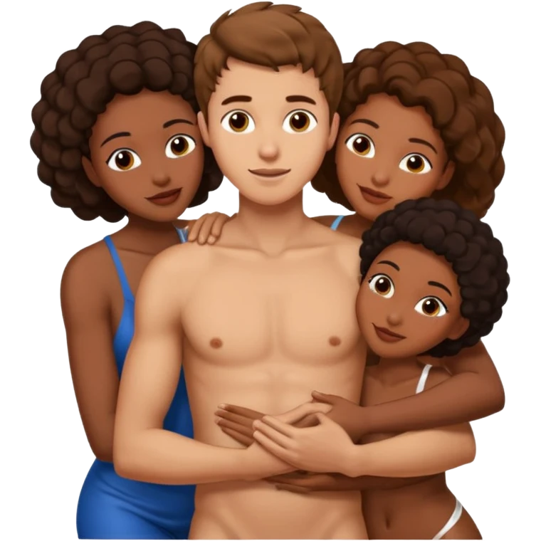 one american italian young brown-haired man surrounded by three black african women with large asses who are hugging him and each other and massaging his naked cock and balls emoji