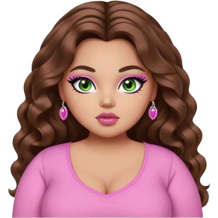  long brown wavy hair, light skin, green eyes, pretty bratz baddie, big plus size , black eyeliner, blush, pink girly top emoji