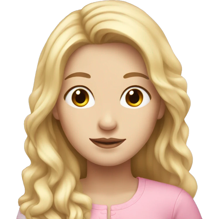 woman with blonde long hair, pale skin, brown eyes and wearing pink  emoji