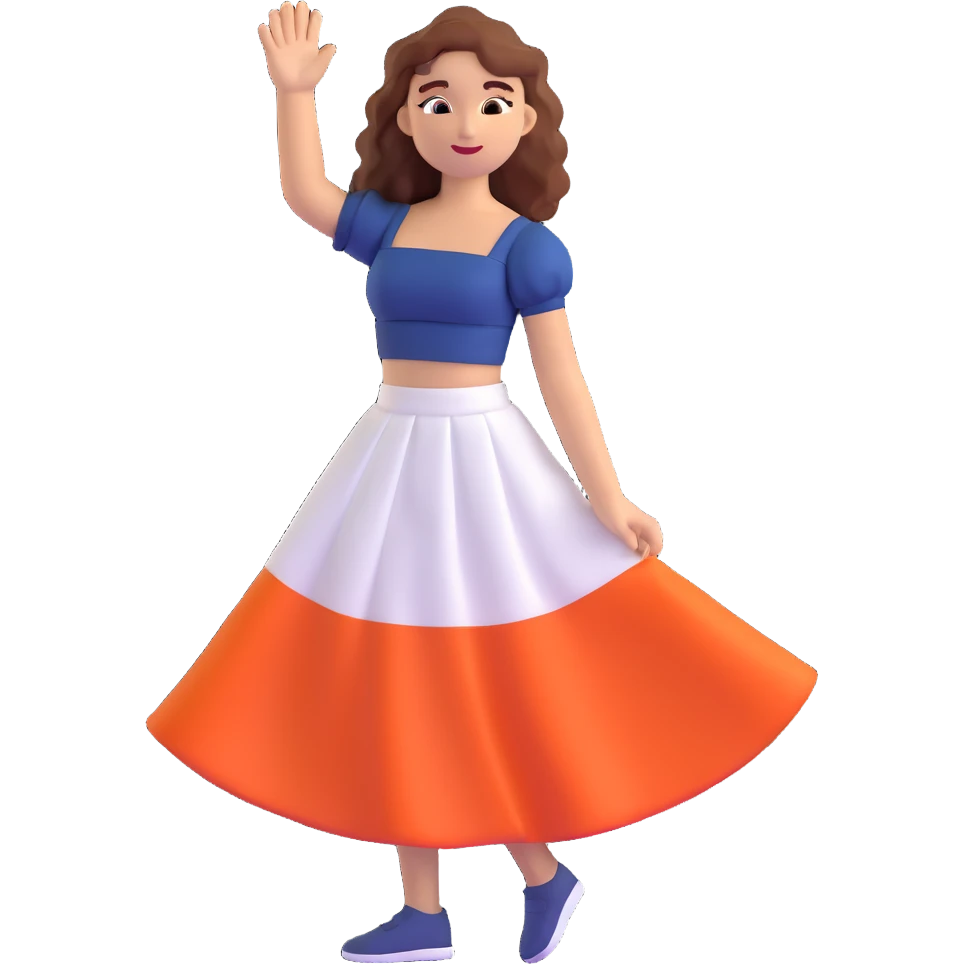 tan girl with wavy hair, white long skirt, navy blue ruched square neck crop top, waving emoji