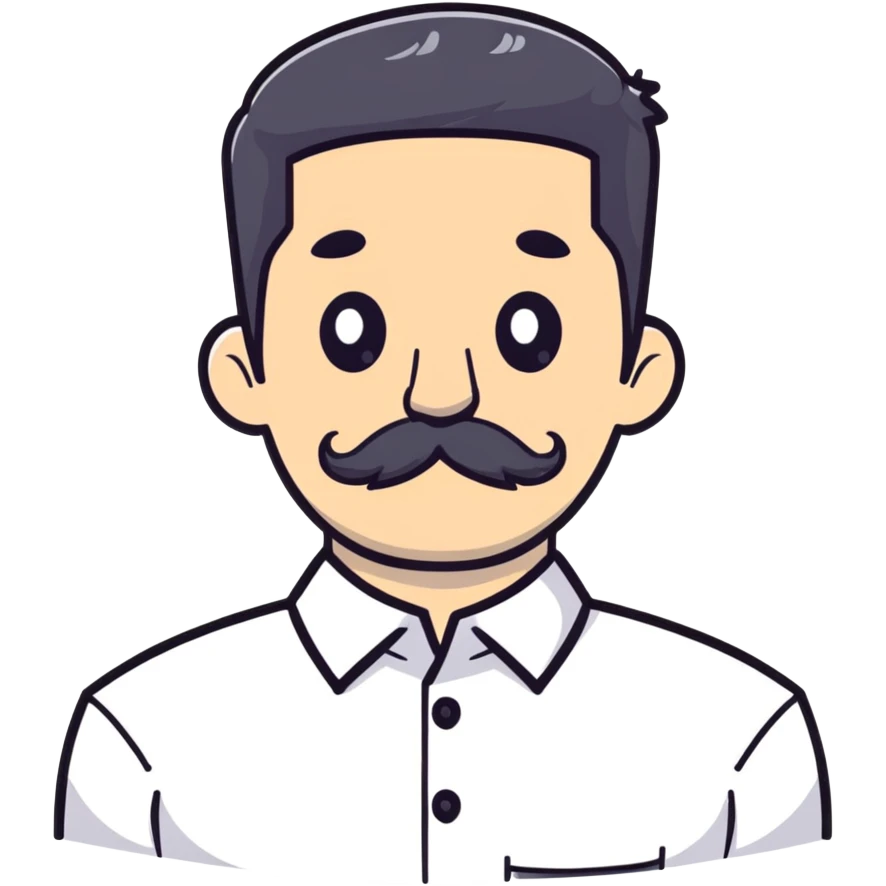 male character with oval-shaped flat-top head, bushy white mustache, wearing a white shirt with three white buttons emoji