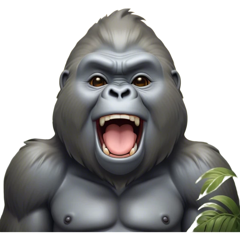 Cinematic Cute Yawning Silverback Gorilla Portrait Emoji, Head tilted slightly with a dramatic, wide-open yawn, showcasing a formidable build with a silvery mane and drowsy, half-closed eyes, Simplified yet irresistibly adorable features, highly detailed, glowing with a soft, cozy jungle glow, high shine, relaxed yet expressive, stylized with a dash of whimsical primate charm, soft glowing outline, capturing the essence of a drowsy yet affectionate guardian that appears ready to stretch out for a nap! emoji