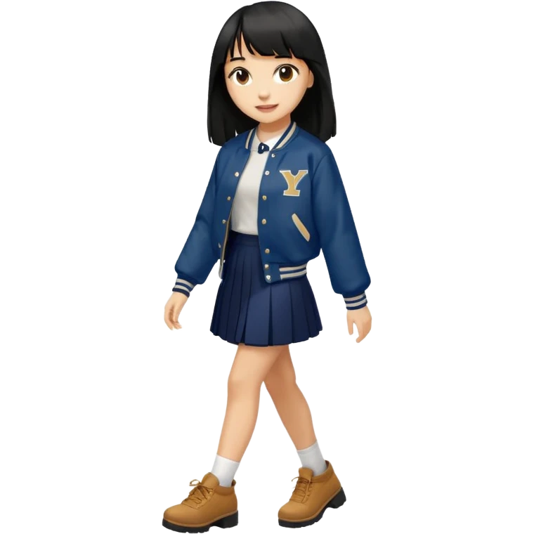 hair : black long hair with fringe (almost waist length) 
skin : light 
outer : deep brown varsity jacket (oversize) 
skirt : navy long long skirt (under knee, close to toe)  
motion : walking alone 


 emoji