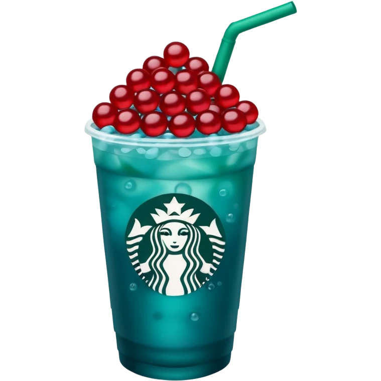 Teal-blue colored Starbucks refresher with red bobs pearls at the bottom emoji