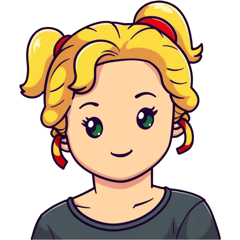character with blonde, curly shoulder-length hair tied back with a red scrunchie, pale white skin, pale green eyes emoji