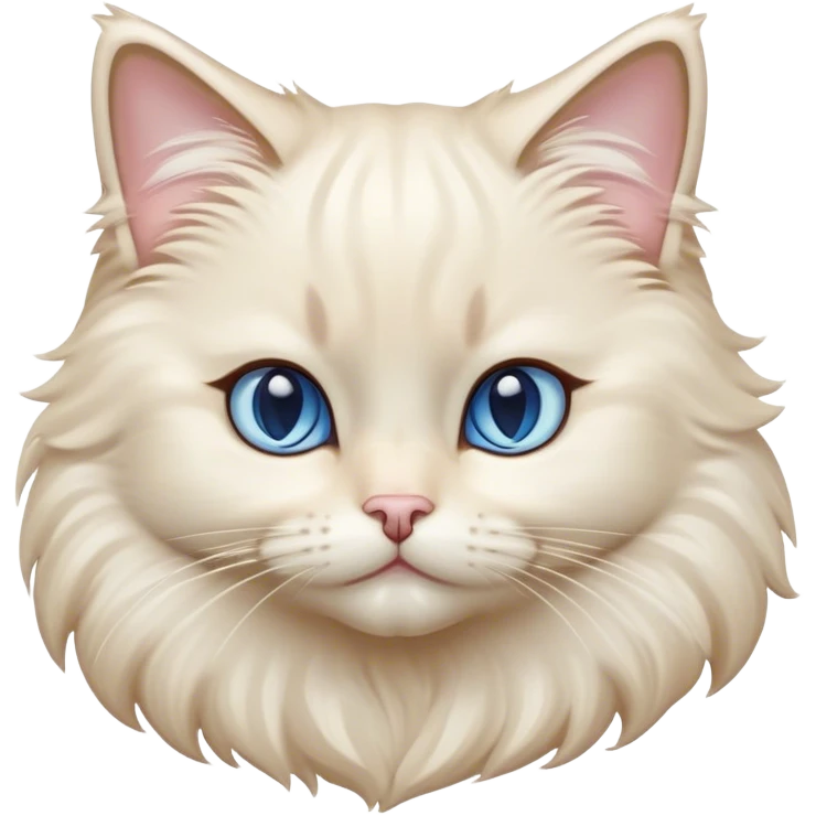 Cinematic Adorable Fluffy Cream Ragdoll Cat Portrait Emoji, Head tilted gracefully with soft, sparkling blue eyes, silky cream-colored fur with subtle darker points on the ears, face, and paws, Simplified yet noble features, highly detailed, glowing with a warm and gentle radiance, high shine, affectionate and poised, stylized with an air of elegance, bright and endearing, soft glowing outline, capturing the essence of a majestic and loving kitty, so dignified it feels like it could spring into action at any moment with grace! emoji