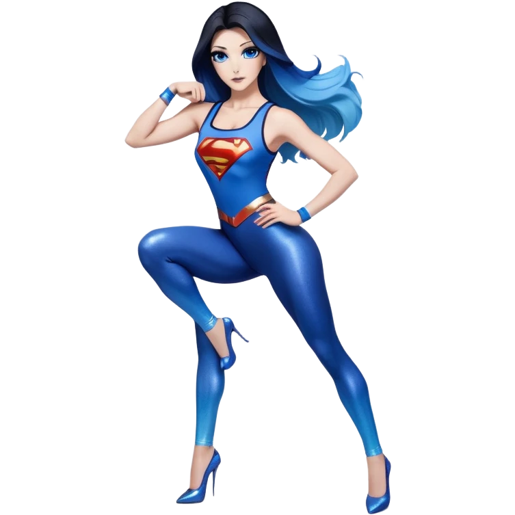 long legs-very very very large upper body-sexy face-bending forward at waist-very long very straight dark blue to light blue ombre hair-and-blue eyes-thick black eyeliner-thick long eyelashes-iridescent blue lowcut tanktop with black leggings with glitter superman logo emoji
