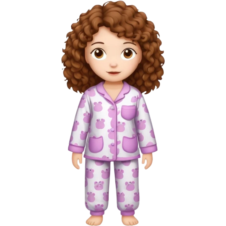 Grown up Woman with brown eyes, brown curly hair, white skin, full body in cute pijama bear emoji