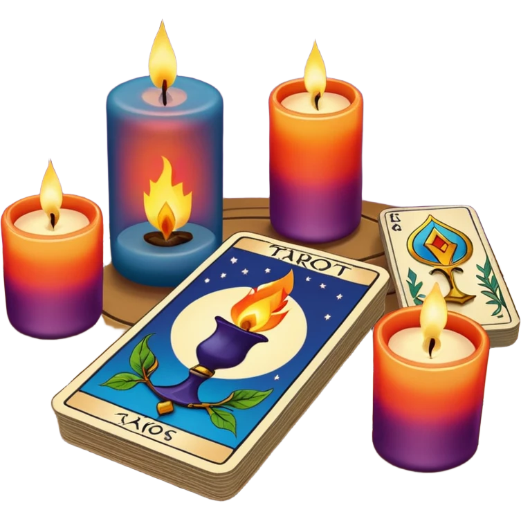 A deck of tarot cards, and a candle stands nearby emoji