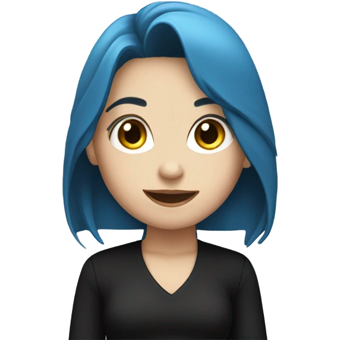 white skin girl with long blue hair in black clothes holding a phone emoji