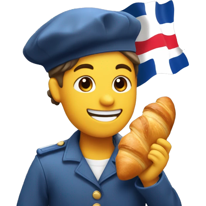 default smiling happy emoji wearing a beret holding a croissant and baguette in front of the french flag emoji