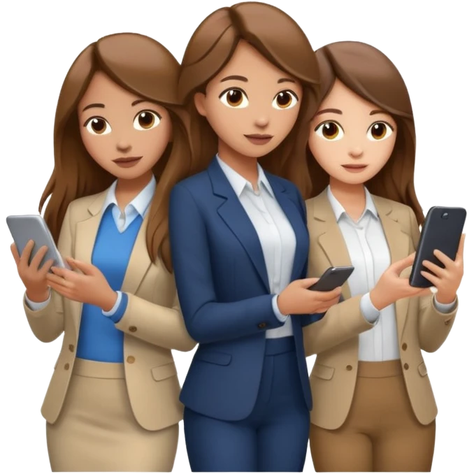 two brown haired girls, looking professional maybe leaned on each others back and looking forward and using phones, with long hair and one girl can hold lap top another one can hold the phone, professional clothes, more stylish emoji