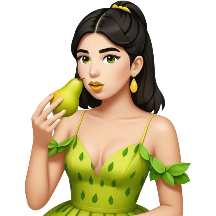 Dua Lipa with the same dress eating a pear emoji