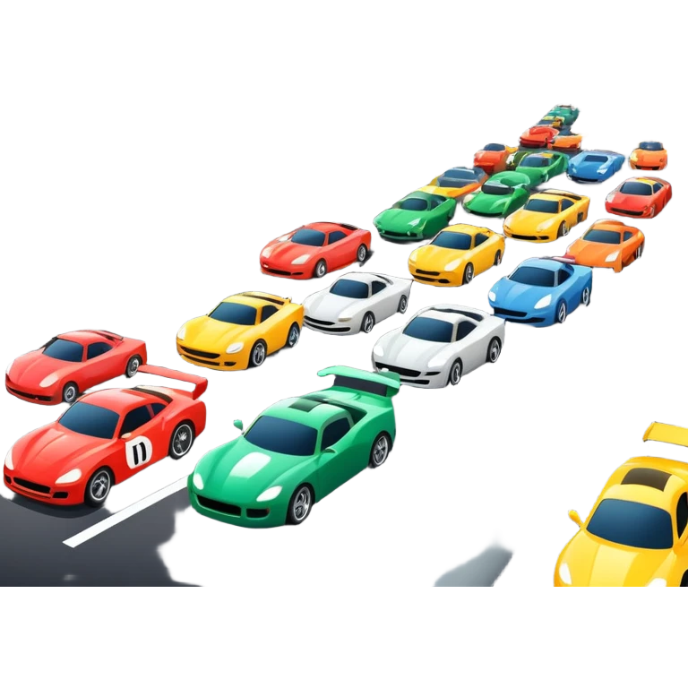 grandstands filled with cheering crowds, checkered flags waving, and traffic lights signaling the start, with a thrilling atmosphere of anticipation and speed. Sporty cars and motorcycles lined up at the starting line, ready to race, with a vibrant racetrack in the background. emoji