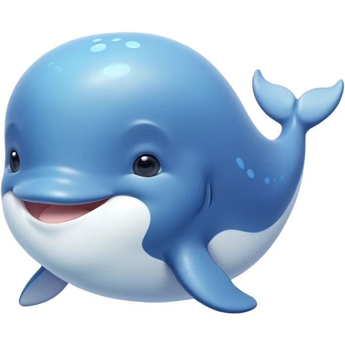 Cinematic happy baby whale, chubby rounded body, tiny smiling face, soft pastel blue hues, gentle glowing waves around, joyful and soothing. emoji