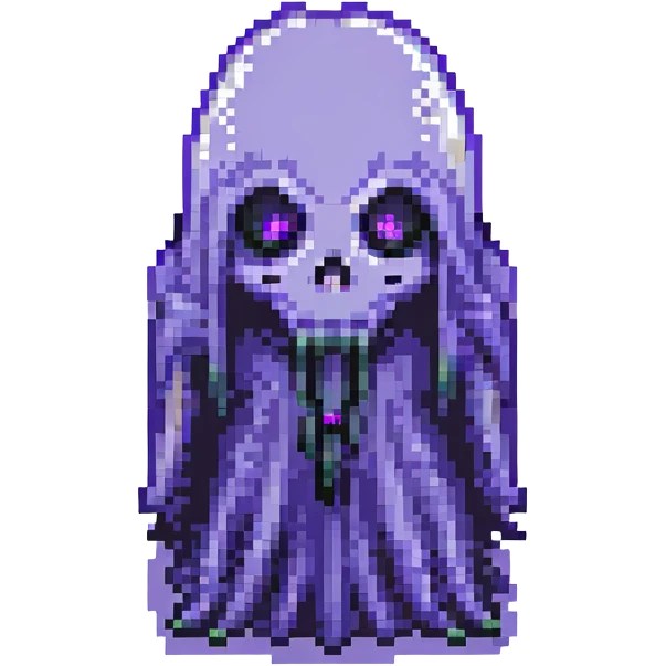 a shadowy tall ghost, black, with hair over its glowing purple eyes, pixel art style emoji
