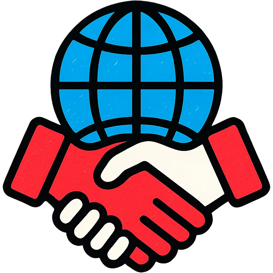 A vibrant and colorful icon representing a unified partner in international trade with a globe and handshake, using colors #1E90FF, #F13816, and #FFFFFF emoji