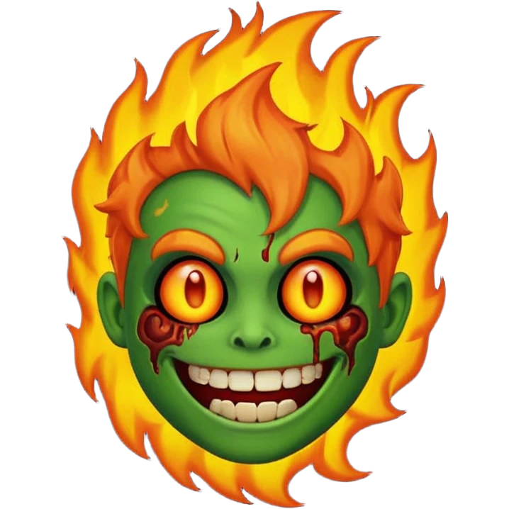 cartoon emoji-style fire zombie, green skin, burning hair emoji