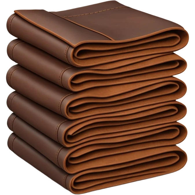 Apple-style 3D emoji of stacked folded sheets of leather fabric, soft but thick texture, dark brown or black, neat industrial look, shown like folded textile. emoji