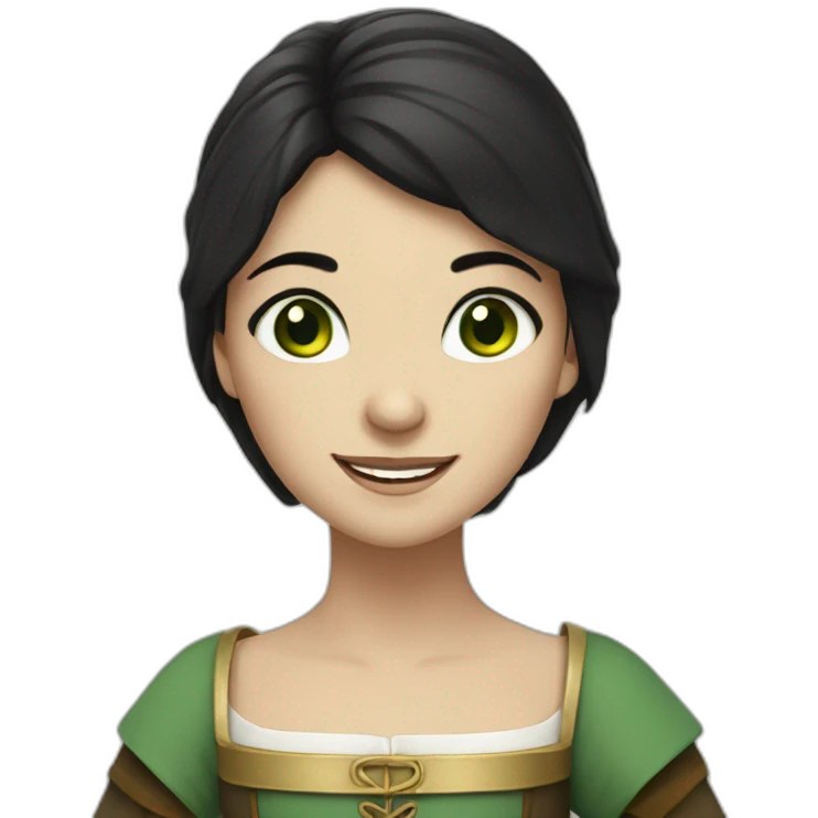 Medieval girl smiling, white skin, black hair, green eyes emoji
