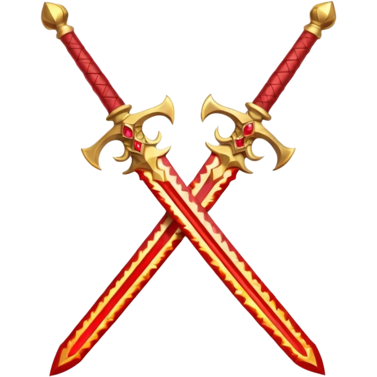 Two crossed swords that are golden in blade and handle and have fiery and royal appearence to them as well as red gem stones emoji