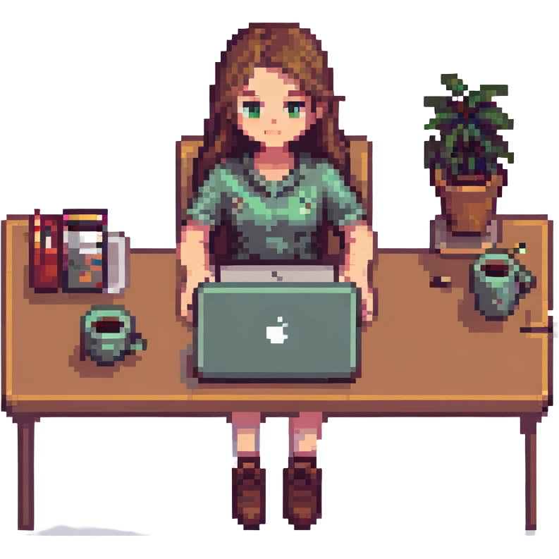 girl at desk with MacBook, coffee cup nearby, cozy atmosphere, pixel art style emoji