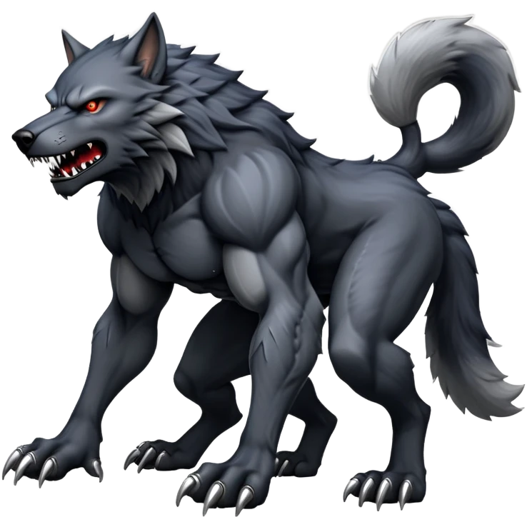 cinematic-noble-fierce-werewolf-full body on all fours-emoji, poised-and-imposing, with a tall, lean, and muscular wolfish frame inspired by the brutal, imposing shape of the beast from Berserk, fur rippling in shades of midnight black and silver, massive paws with razor-sharp claws, elongated limbs and fangs, eyes glowing with an intense, primal ferocity, reflecting the untamed power of the wild moonlit night; rendered with realism like a wolf hunched over emoji
